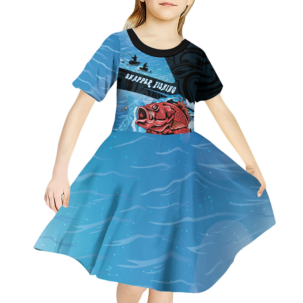 Personalised Snapper Fishing New Zealand Kid Short Sleeve Dress Tamure Fish Hook Maori Pattern