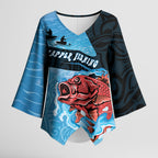 Personalised Snapper Fishing New Zealand Kimono Sleeve Blouse Tamure Fish Hook Maori Pattern