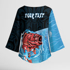 Personalised Snapper Fishing New Zealand Kimono Sleeve Blouse Tamure Fish Hook Maori Pattern