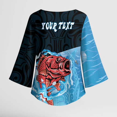 Personalised Snapper Fishing New Zealand Kimono Sleeve Blouse Tamure Fish Hook Maori Pattern