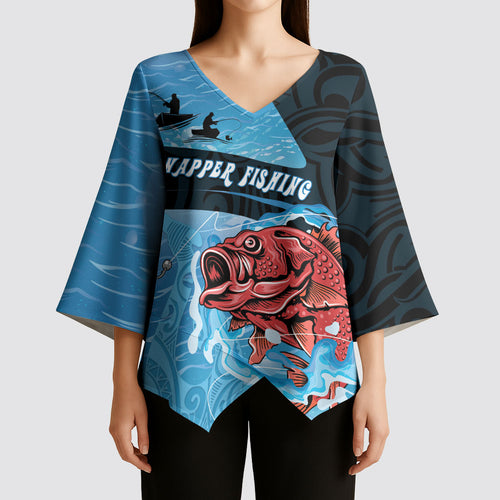 Personalised Snapper Fishing New Zealand Kimono Sleeve Blouse Tamure Fish Hook Maori Pattern