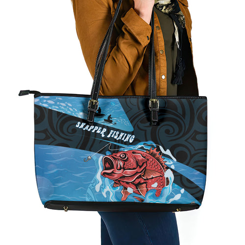 Snapper Fishing New Zealand Leather Tote Bag Tamure Fish Hook Maori Pattern
