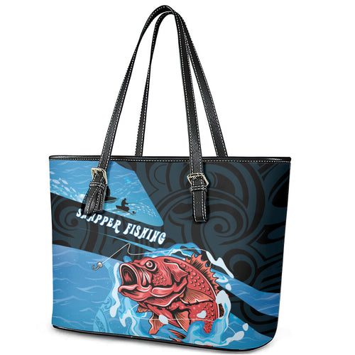 Snapper Fishing New Zealand Leather Tote Bag Tamure Fish Hook Maori Pattern
