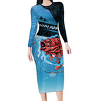 Personalised Snapper Fishing New Zealand Long Sleeve Bodycon Dress Tamure Fish Hook Maori Pattern