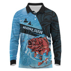 Personalised Snapper Fishing New Zealand Long Sleeve Polo Shirt Tamure Fish Hook Maori Pattern