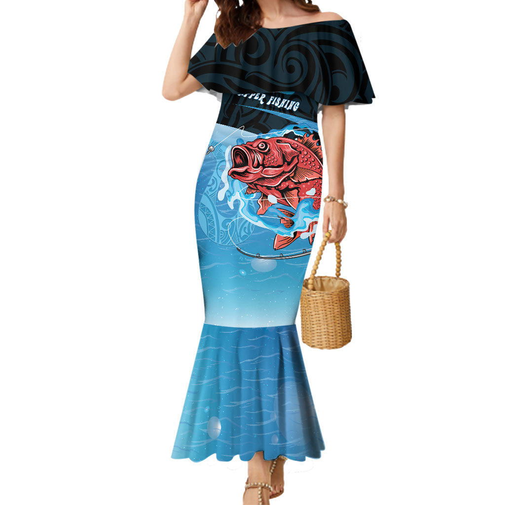 Personalised Snapper Fishing New Zealand Mermaid Dress Tamure Fish Hook Maori Pattern