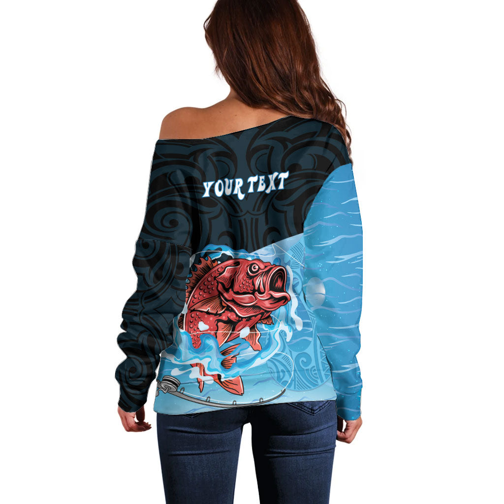 Personalised Snapper Fishing New Zealand Off Shoulder Sweater Tamure Fish Hook Maori Pattern