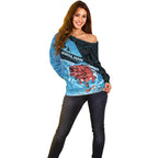 Personalised Snapper Fishing New Zealand Off Shoulder Sweater Tamure Fish Hook Maori Pattern