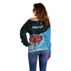 Personalised Snapper Fishing New Zealand Off Shoulder Sweater Tamure Fish Hook Maori Pattern
