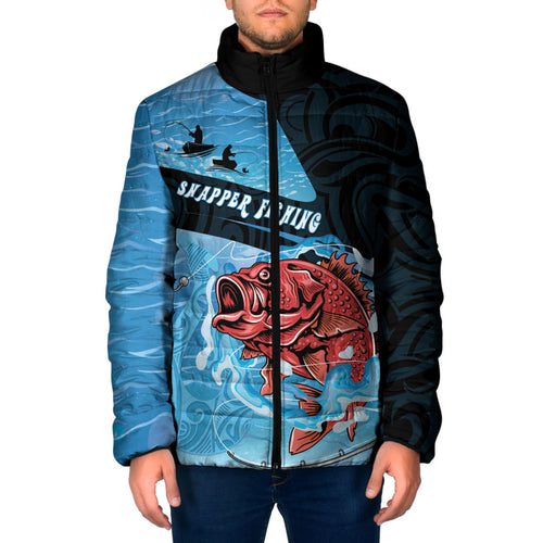 Personalised Snapper Fishing New Zealand Padded Jacket Tamure Fish Hook Maori Pattern