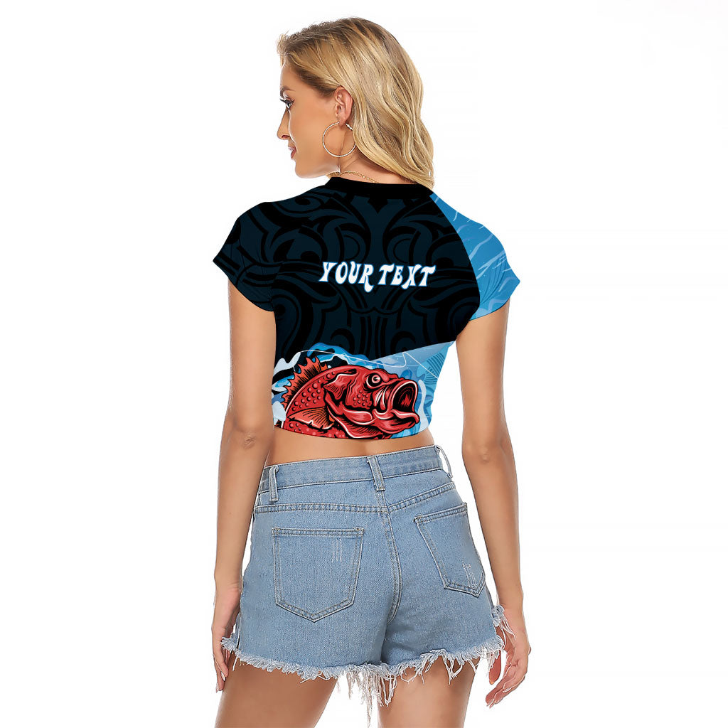 Personalised Snapper Fishing New Zealand Raglan Cropped T Shirt Tamure Fish Hook Maori Pattern