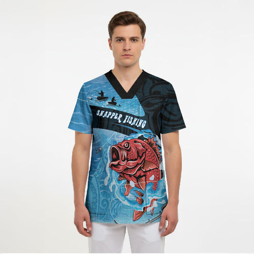 Personalised Snapper Fishing New Zealand Scrub Top Tamure Fish Hook Maori Pattern