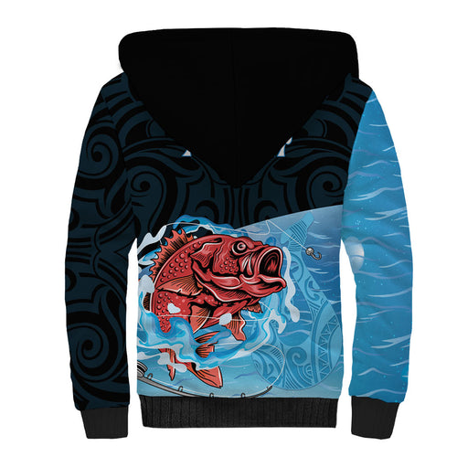 Personalised Snapper Fishing New Zealand Sherpa Hoodie Tamure Fish Hook Maori Pattern