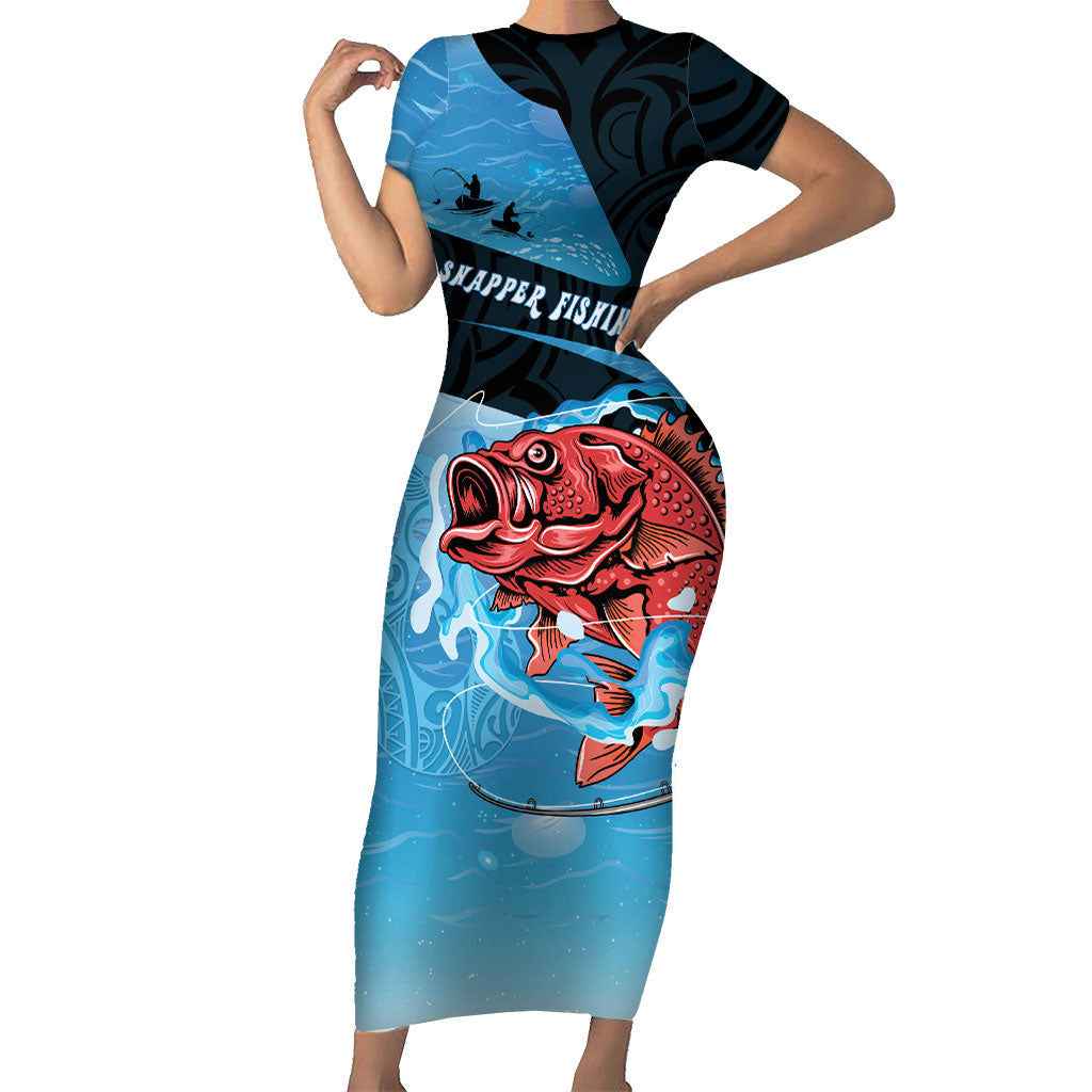 Personalised Snapper Fishing New Zealand Short Sleeve Bodycon Dress Tamure Fish Hook Maori Pattern