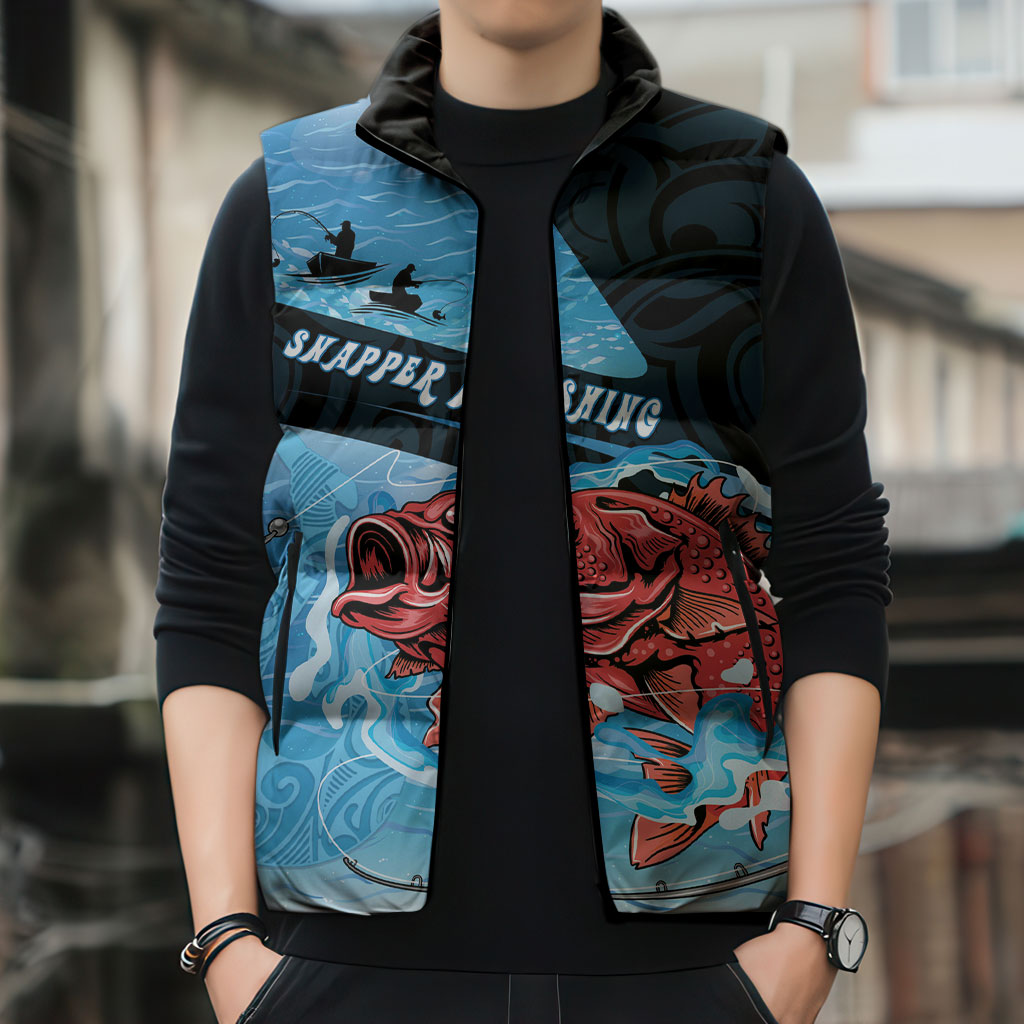 Personalised Snapper Fishing New Zealand Sleeveless Puffer Jacket Tamure Fish Hook Maori Pattern