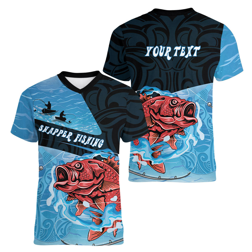 Personalised Snapper Fishing New Zealand Women V-Neck T-Shirt Tamure Fish Hook Maori Pattern