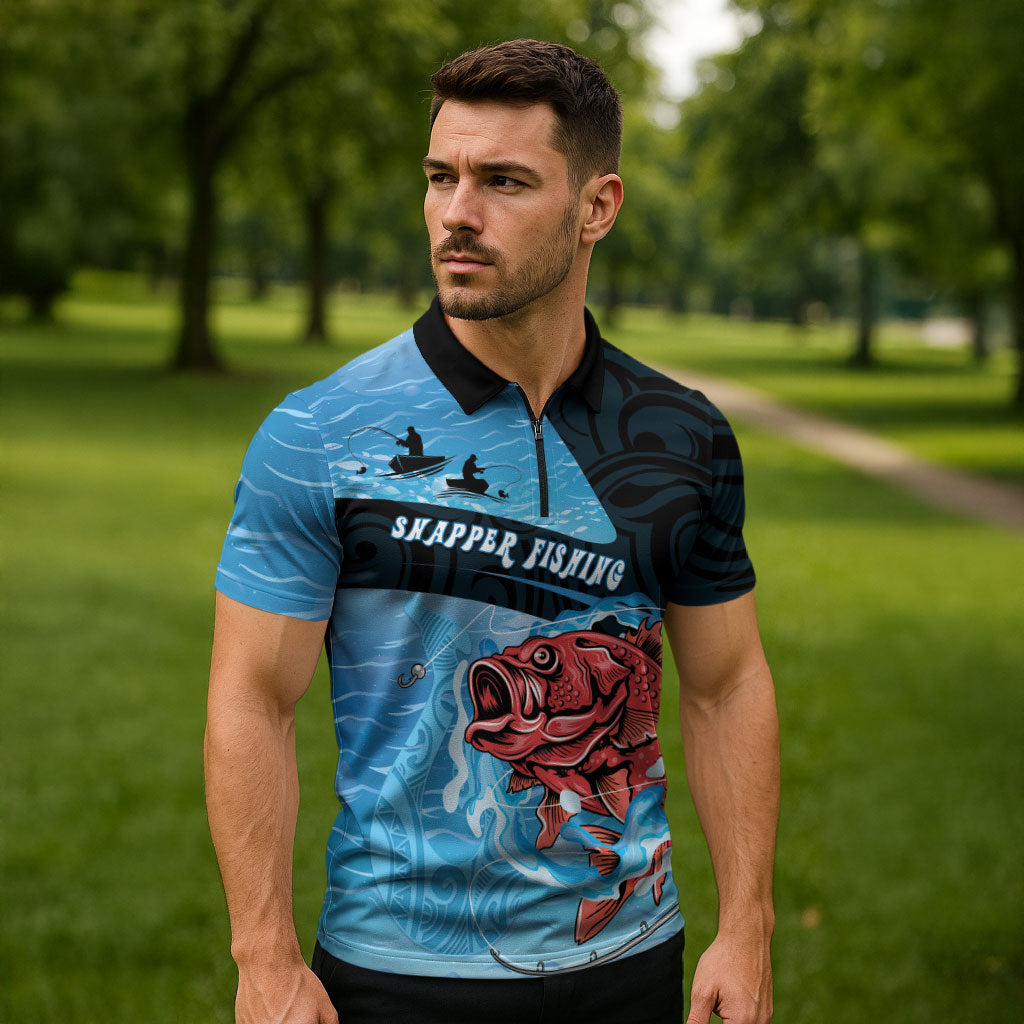 Personalised Snapper Fishing New Zealand Zipper Polo Shirt Tamure Fish Hook Maori Pattern