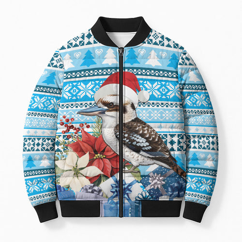 Australia Christmas In July Bomber Puffer Jacket Kookaburra Santa Blue Color