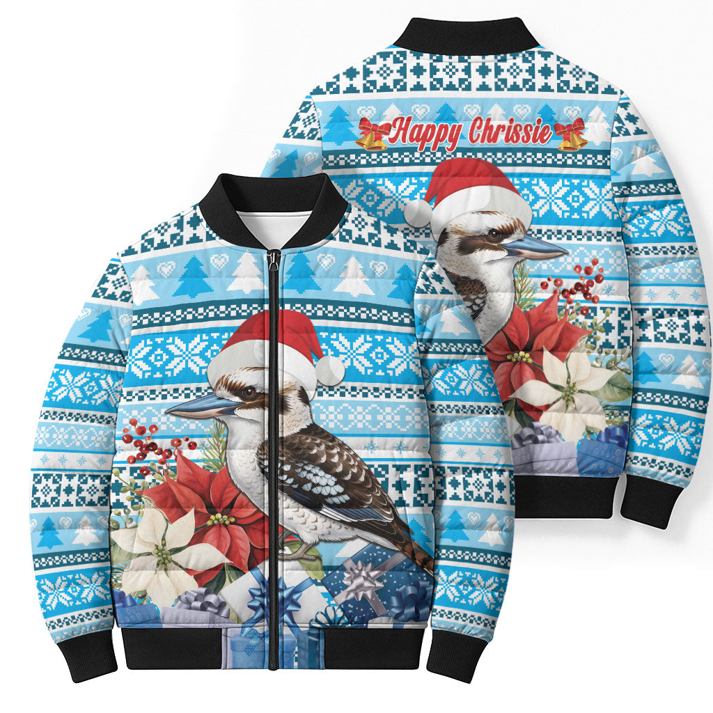 Australia Christmas In July Bomber Puffer Jacket Kookaburra Santa Blue Color