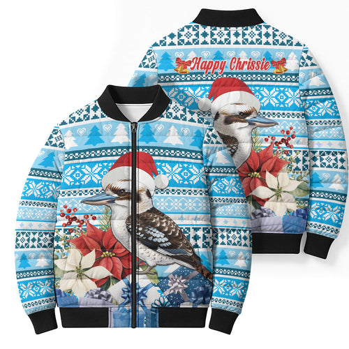 Australia Christmas In July Bomber Puffer Jacket Kookaburra Santa Blue Color