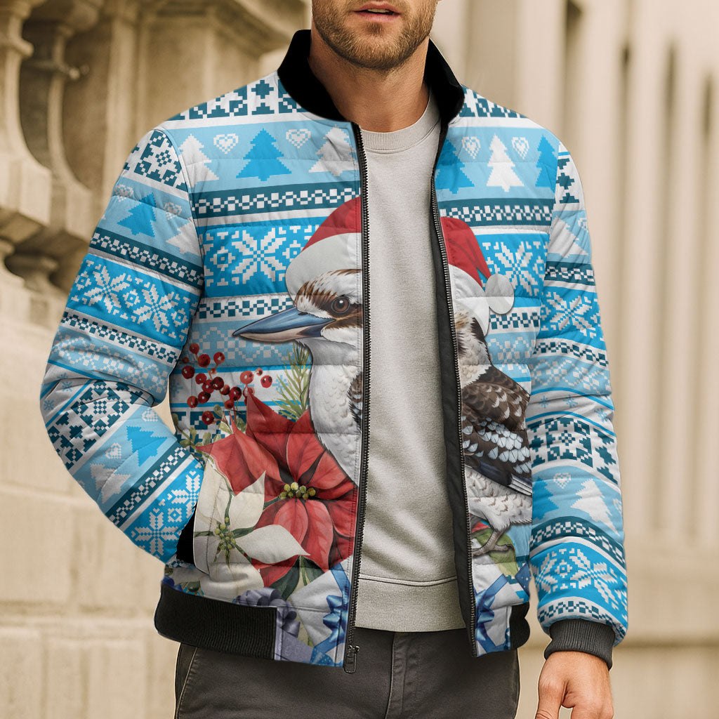 Australia Christmas In July Bomber Puffer Jacket Kookaburra Santa Blue Color