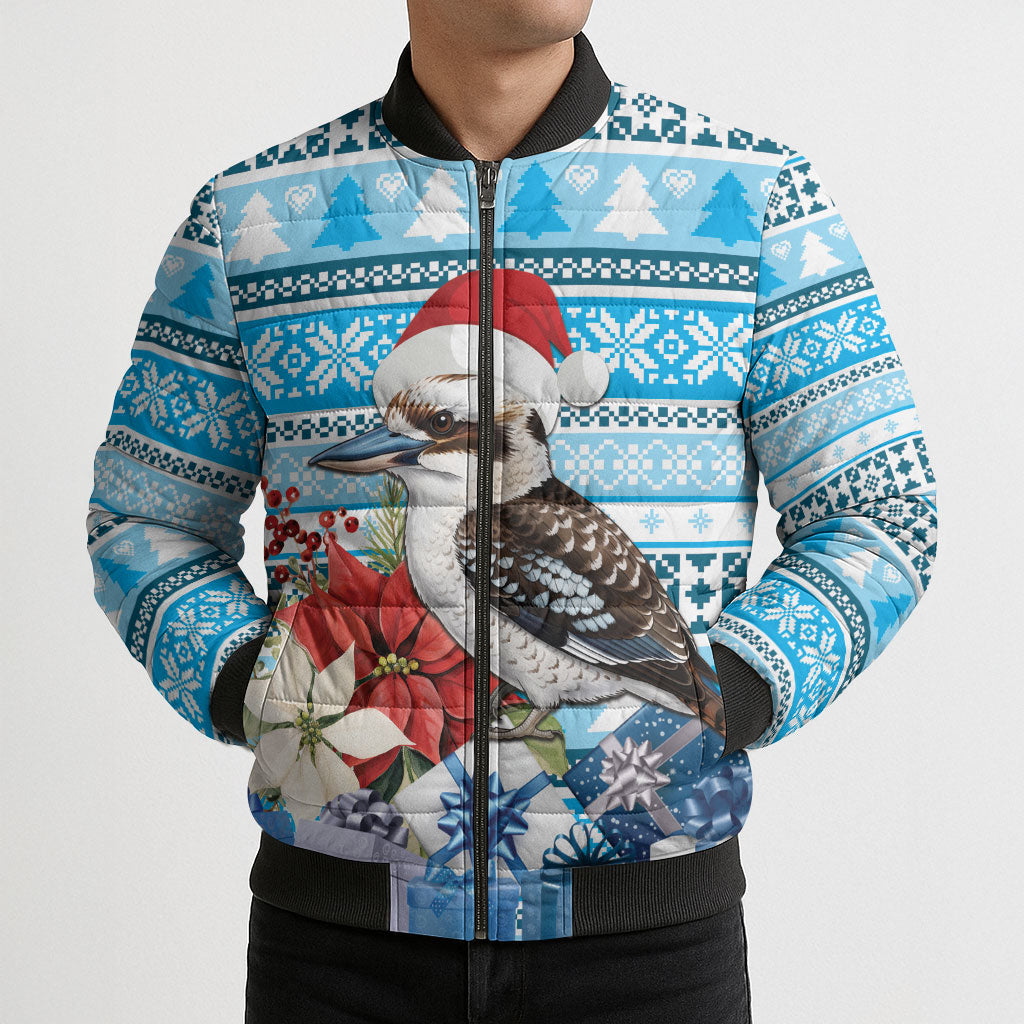 Australia Christmas In July Bomber Puffer Jacket Kookaburra Santa Blue Color