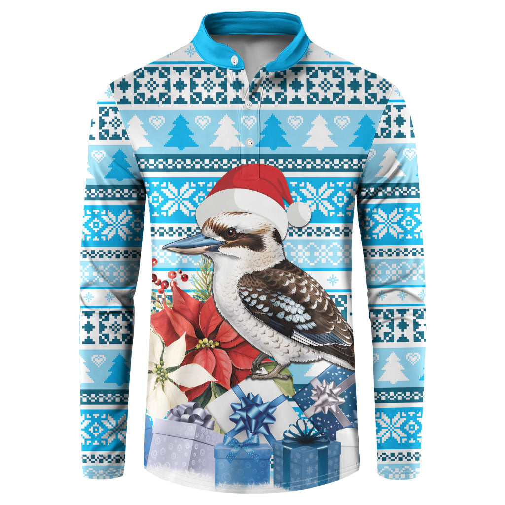 Australia Christmas In July Button Sweatshirt Kookaburra Santa Blue Color