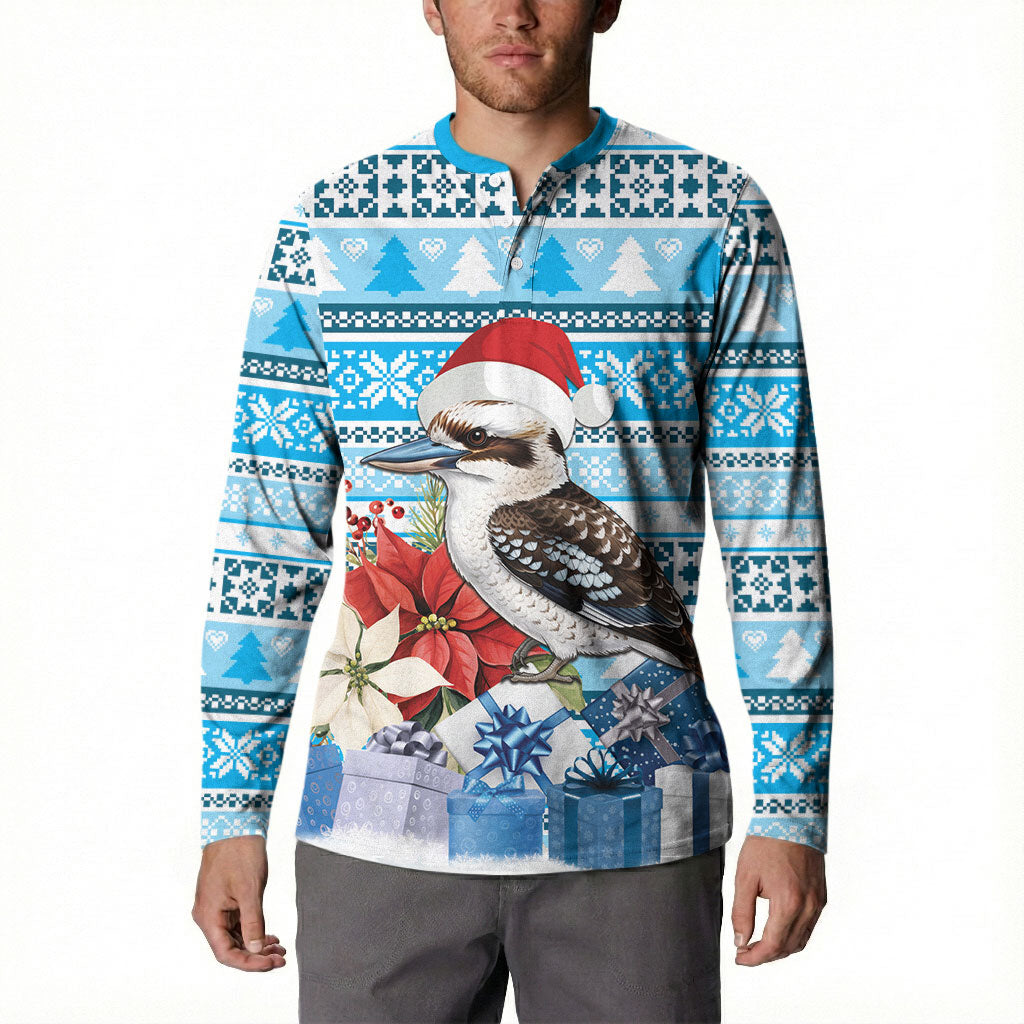 Australia Christmas In July Button Sweatshirt Kookaburra Santa Blue Color