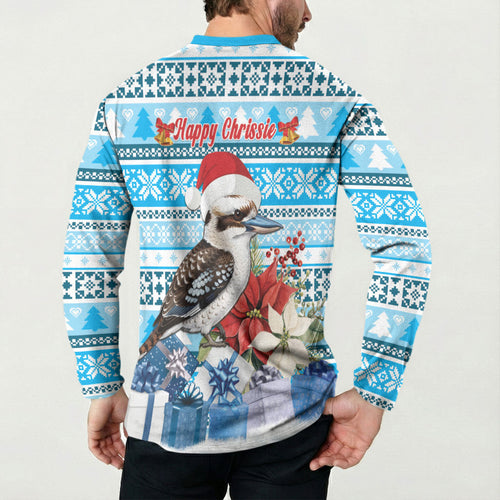 Australia Christmas In July Button Sweatshirt Kookaburra Santa Blue Color