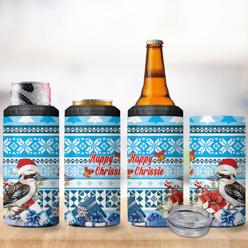 Australia Christmas In July 4 in 1 Can Cooler Tumbler Kookaburra Santa Blue Color