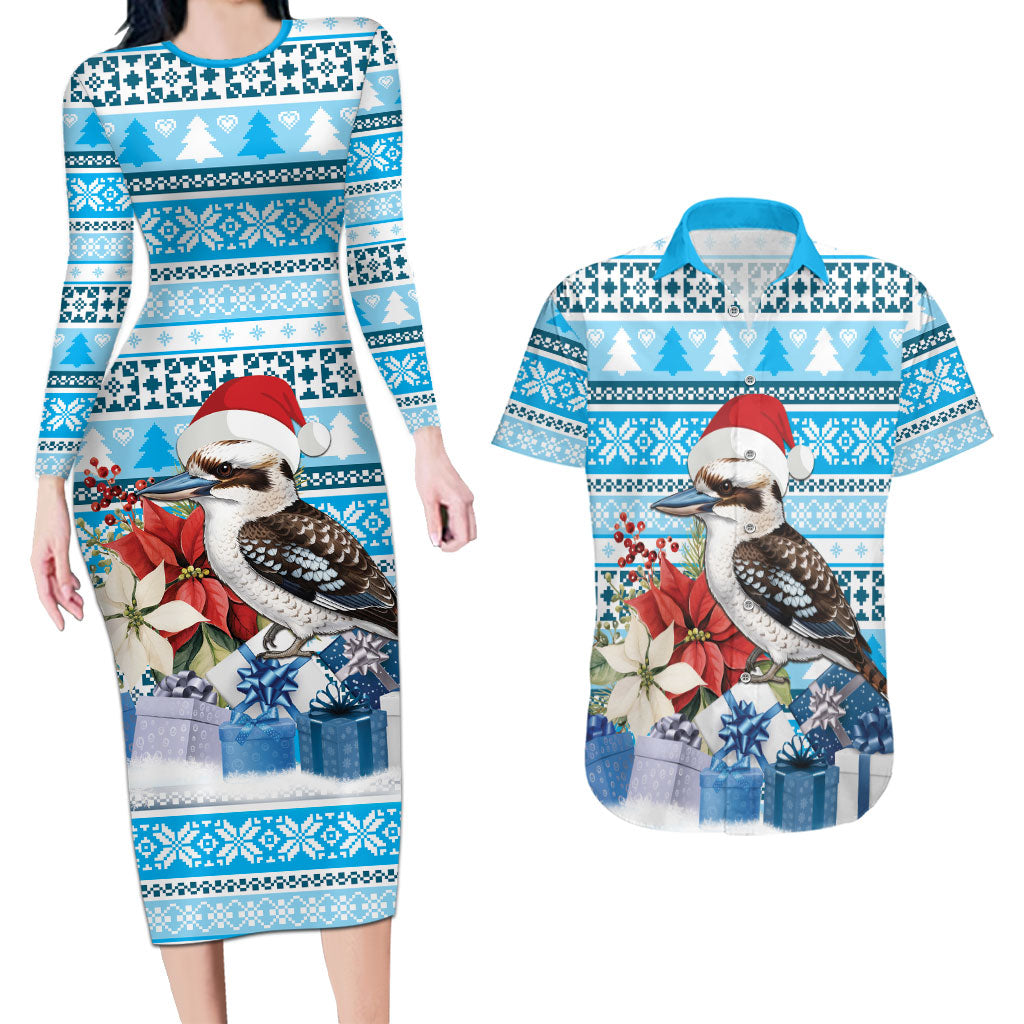 Australia Christmas In July Couples Matching Long Sleeve Bodycon Dress and Hawaiian Shirt Kookaburra Santa Blue Color