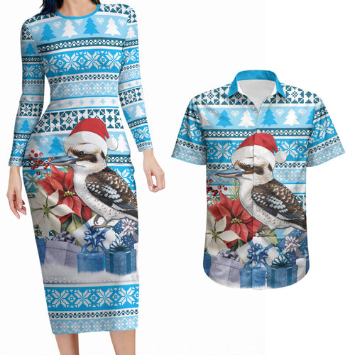 Australia Christmas In July Couples Matching Long Sleeve Bodycon Dress and Hawaiian Shirt Kookaburra Santa Blue Color