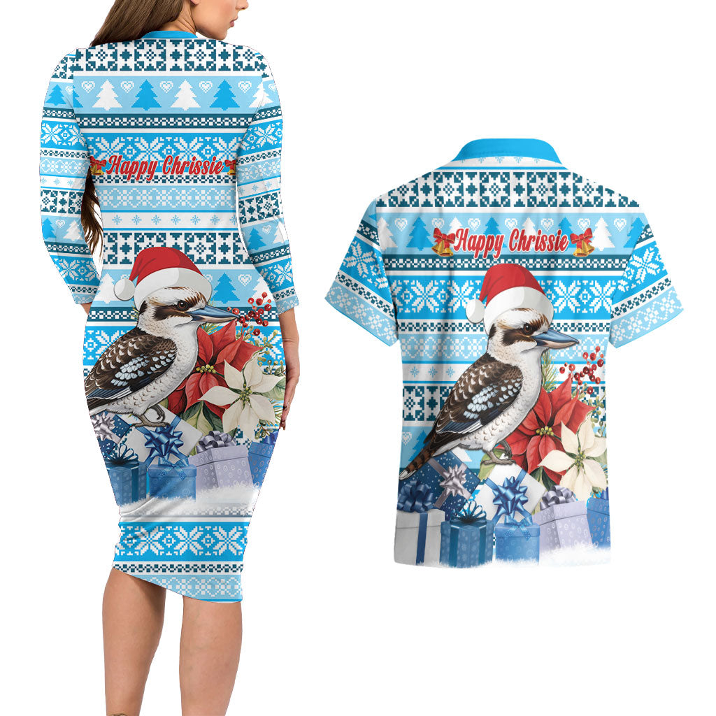 Australia Christmas In July Couples Matching Long Sleeve Bodycon Dress and Hawaiian Shirt Kookaburra Santa Blue Color