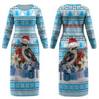 Australia Christmas In July Couples Matching Long Sleeve Bodycon Dress and Hawaiian Shirt Kookaburra Santa Blue Color LT22
