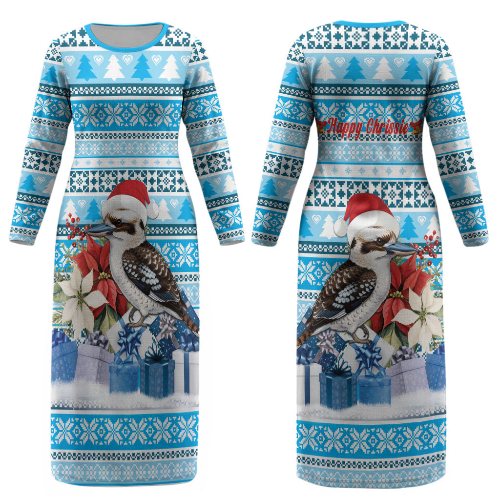 Australia Christmas In July Couples Matching Long Sleeve Bodycon Dress and Hawaiian Shirt Kookaburra Santa Blue Color LT22