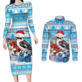 Australia Christmas In July Couples Matching Long Sleeve Bodycon Dress and Long Sleeve Button Shirt Kookaburra Santa Blue Color