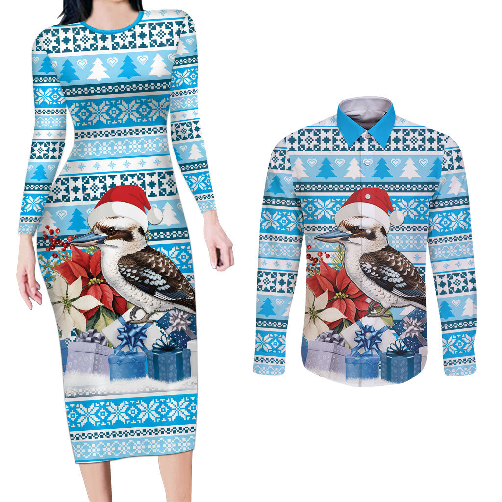 Australia Christmas In July Couples Matching Long Sleeve Bodycon Dress and Long Sleeve Button Shirt Kookaburra Santa Blue Color