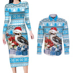 Australia Christmas In July Couples Matching Long Sleeve Bodycon Dress and Long Sleeve Button Shirt Kookaburra Santa Blue Color