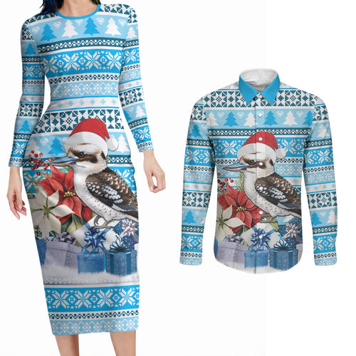 Australia Christmas In July Couples Matching Long Sleeve Bodycon Dress and Long Sleeve Button Shirt Kookaburra Santa Blue Color