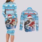 Australia Christmas In July Couples Matching Long Sleeve Bodycon Dress and Long Sleeve Button Shirt Kookaburra Santa Blue Color