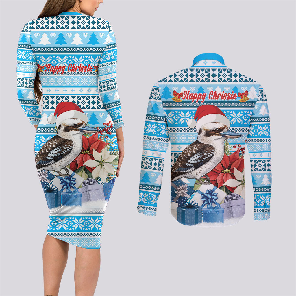 Australia Christmas In July Couples Matching Long Sleeve Bodycon Dress and Long Sleeve Button Shirt Kookaburra Santa Blue Color
