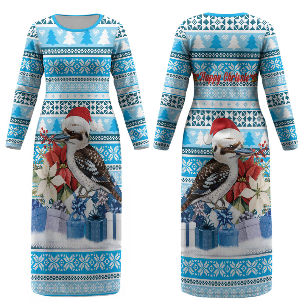 Australia Christmas In July Couples Matching Long Sleeve Bodycon Dress and Long Sleeve Button Shirt Kookaburra Santa Blue Color LT22
