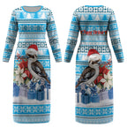 Australia Christmas In July Couples Matching Long Sleeve Bodycon Dress and Long Sleeve Button Shirt Kookaburra Santa Blue Color LT22