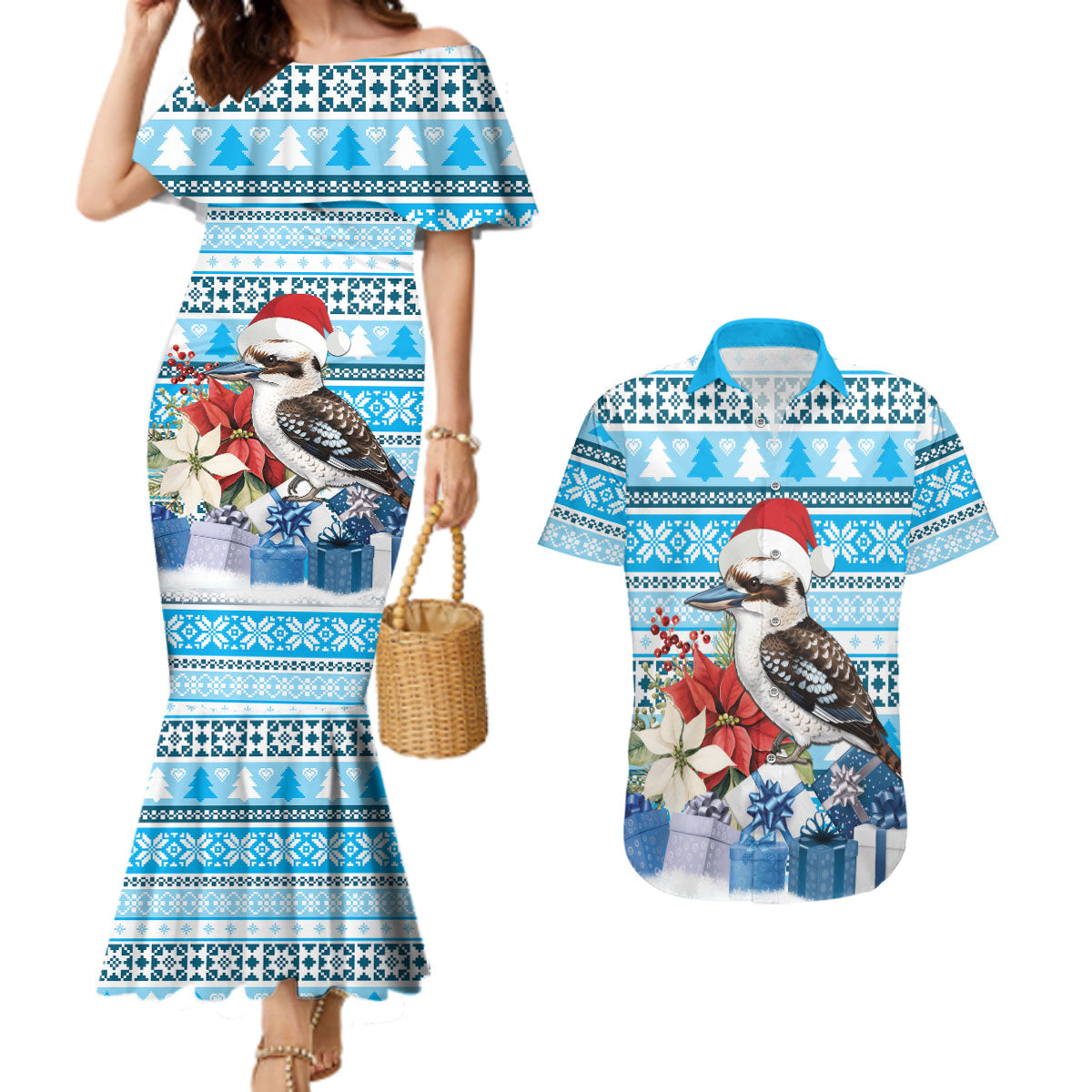 Australia Christmas In July Couples Matching Mermaid Dress and Hawaiian Shirt Kookaburra Santa Blue Color