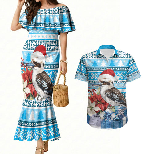 Australia Christmas In July Couples Matching Mermaid Dress and Hawaiian Shirt Kookaburra Santa Blue Color