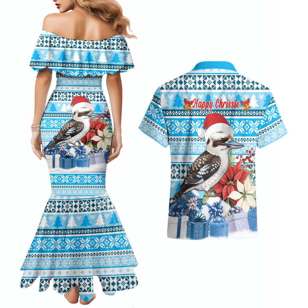 Australia Christmas In July Couples Matching Mermaid Dress and Hawaiian Shirt Kookaburra Santa Blue Color