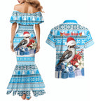 Australia Christmas In July Couples Matching Mermaid Dress and Hawaiian Shirt Kookaburra Santa Blue Color