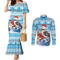 Australia Christmas In July Couples Matching Mermaid Dress and Long Sleeve Button Shirt Kookaburra Santa Blue Color