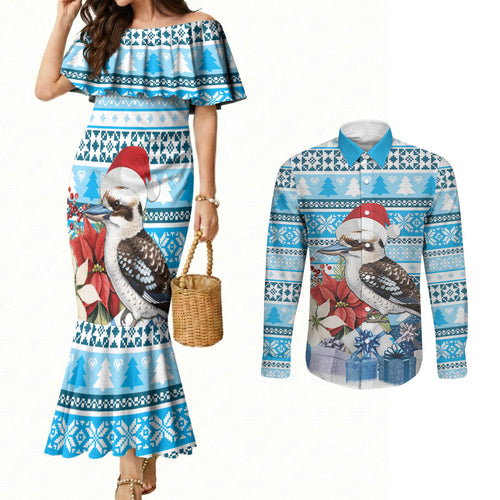 Australia Christmas In July Couples Matching Mermaid Dress and Long Sleeve Button Shirt Kookaburra Santa Blue Color