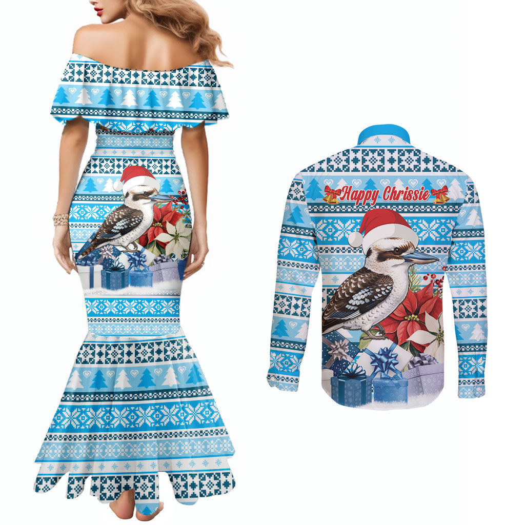 Australia Christmas In July Couples Matching Mermaid Dress and Long Sleeve Button Shirt Kookaburra Santa Blue Color